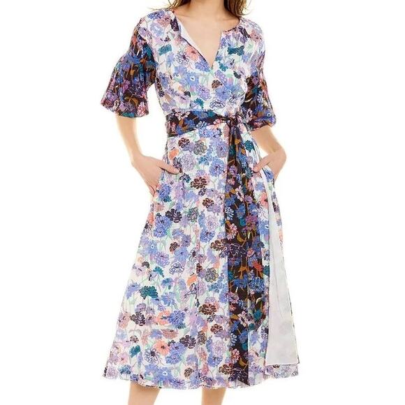 Tanya Taylor NWT Frida Tie Waist Cotton Mixed Meadow Blue Floral Wrap Midi Dress - Picture 2 of 15